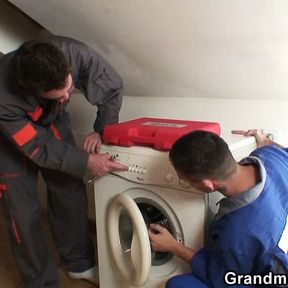 Two repairmen fuck cock-hungry old grandma