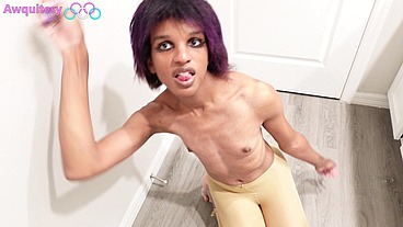 Goth Gymnast Tgirl Plays with Dick after ban from Olympics x Pantyhose try-on & Gymnastics Skills