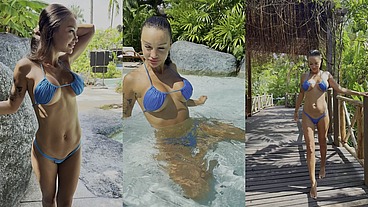 Monika Fox In Blue Bikini Swims In Pool In Paradise Place