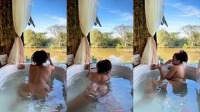 naked farting in bathtub while reading chubby girl nature view relax