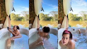 naked farting in bathtub while reading chubby girl nature view relax