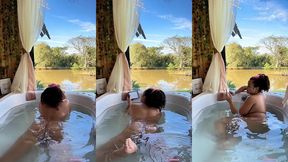 naked farting in bathtub while reading chubby girl nature view relax