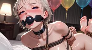 Bondage Girl Surrounded by Colorful Balloons - Horny & Helpless