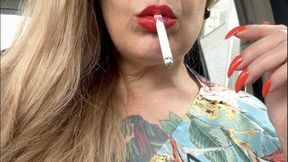 DUNHILL - How nice it is to impregnate a car with nicotine - Deep Inhales, Multiple pumps, Mouth Inhales and open mouth exhales, Dangling, Nose exhales, Red lipstick, long red nails, long hair