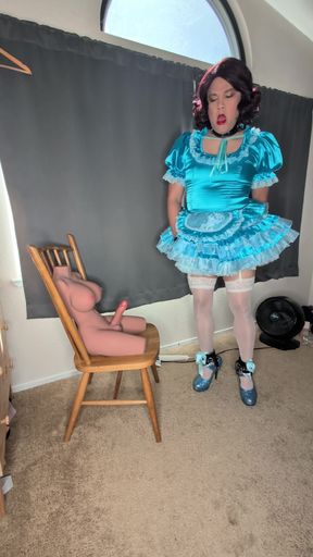 Satin Sissy Maid Plugs Herself and Sucks Her Doll