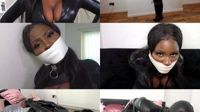 Cute submissive ebony girl zippy, restrained tape gagged and hooded