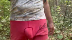 Cute public forest bulge walk, looking for cruising pals in my shorts.