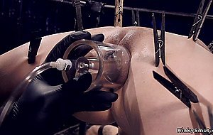 Busty sub in backbend position suctioned