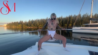 Horny Brit bounced on dildo whilst neighbouring boat watches!