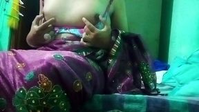 indian trans woman in pink saree pressing and milking his boobs so hard and enjoying the hardcore sex