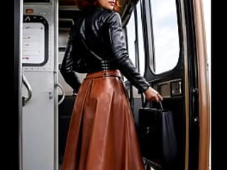 Breasty older redhead in full leather doing pole dance in a bus - AI Illustrated leather porn fantasy