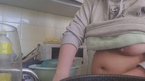 Big Tits Girl Keeps Washing Dishes — Tight Shirt, Jiggling Boobs, Soapy Sponge and Wet Sink Fetish Continued