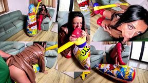 Dominant Leather MILF Inflatable Smash Fetish. Giant Hammer, Doggy, Cum Play and Popping