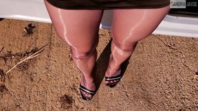 Sandra Jayde 11-10-23 These ultra-shiny black tights combined with these 15cm stiletto mules create a stunning effect