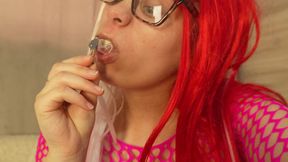Giantess Stepsister Chews Gum, Then Blows Bubbles at Her Tiny Stepsister and Wraps Her Used Gum Around Him