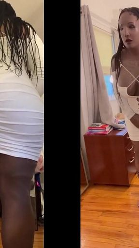 Black Babe Danae in a Sexy White Dress Drops Her Panties and Shows Her Dick