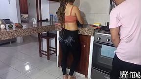 Hard fucking in the kitchen with Stepsister and I cum in her tight pussy