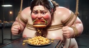 Tied up SSBBW Eats Massive Meal While Kneeling - Belly Stuffing