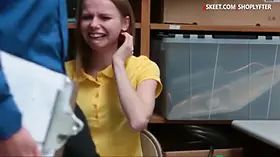 Nasty teen thief Catrina Petrov gives a sloppy blowjob and gets her pussy screwed by LP officer in the back office