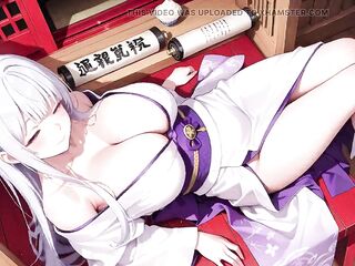 Silver-haired Miko Shrine Secrets! Half-unbuttoned White Kimono, Kneeling Poses and Intense Eye Contact.