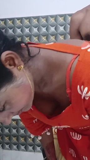 Hot Desi Messy Blowjob & Standing Dogy Style Sex Orange Dress