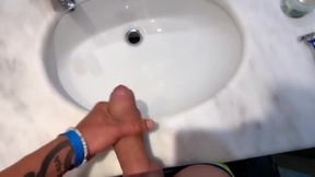 Quick Hotel Bathroom Cumshot Into Sink in Swim Trunks While Friend Is Gone