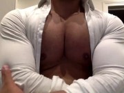 Ripping my white shirt while flexing my big muscle pecs and biceps