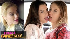 Female Fake Taxi - Three beautiful babes use sex toys in a taxi