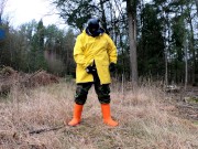 Raingear pup wanking outdoors during sunday walkies (nearly got caught)