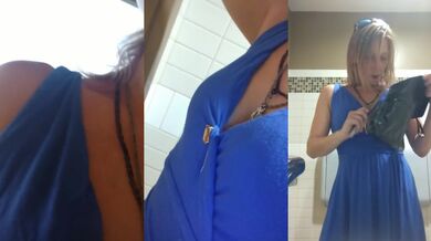 MILF in a blue dress drops her panties at Publix fingering her sopping cunt