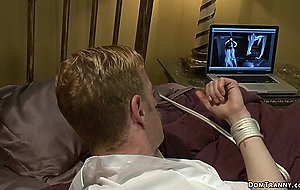 Bound cop banged by TS in threesome