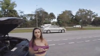 Front seat fun with broke big tit fucking on the side of the road