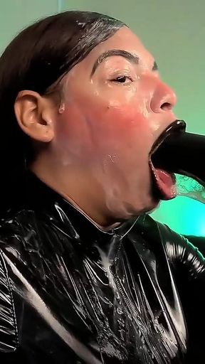 A Demon Dressed in Latex, Latex Gloves, a Latex Suit, and Black Lips, Sensually Sucks Your Cock and Spits Saliva and Semen on Me