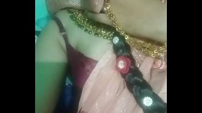 Indian Gay Crossdresser Bottom Gaurisissy pressing and milking her big boobs with heavy jwellery in cream silky saree real xxx sex