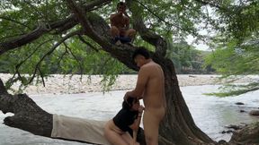 The Dwarf in the Tree Jerks off Like Crazy Until He Cums Watching the Sexy Couple Fuck on the Riverbank in the Open Air