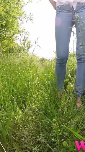 Diana Pee on Grass in the Forest and Then She Dress Pulling up Her Tight Jeans
