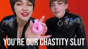 Latex Double Domme POV: Chastity On, Trans Cock Down Your Throat