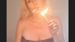 Smoking sexy curvy mommy enjoy after shower a Marlboro Red 100 and she lights with a long match on