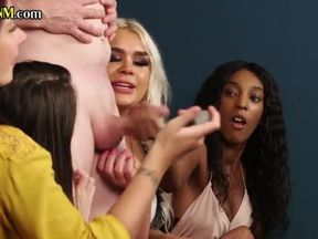 Group CFNM HJ and cumshot with classy amat femdoms