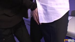 Naughty Japanese babe teases and blows her tied up boss in the office