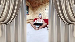 Hot Housewife Lukerya in Satin White Lingerie on a Large Soft Bed