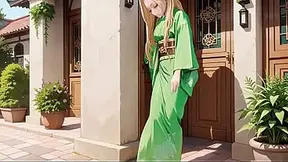 Green Kimono Goddess rides member in lazy Japanese corridor morning