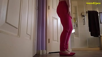 Meeting desperate to pee Harlow West outside bathroom