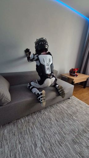 Motorcyclist in Gear Cum Hot on Himself