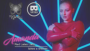 Red Latex Lady Takes A Shower