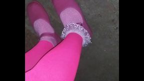 Pink frilly socks pink flats and pink pantyhose
