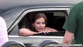 Rough public deepthroating in limo with Brazzers duo