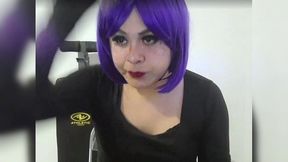 full version: cute goth femboy wearing bdsm nosehook humiliating herself sucking black dildo and drooling semen