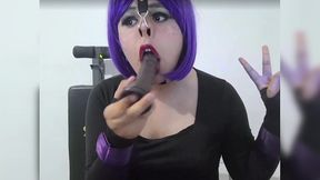 full version: cute goth femboy wearing bdsm nosehook humiliating herself sucking black dildo and drooling semen