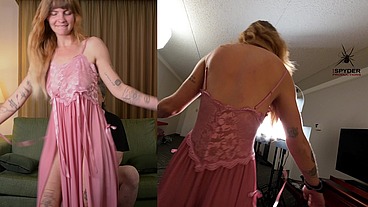 Photoshoot with Hazel Ash modeling a Lace pink night gown